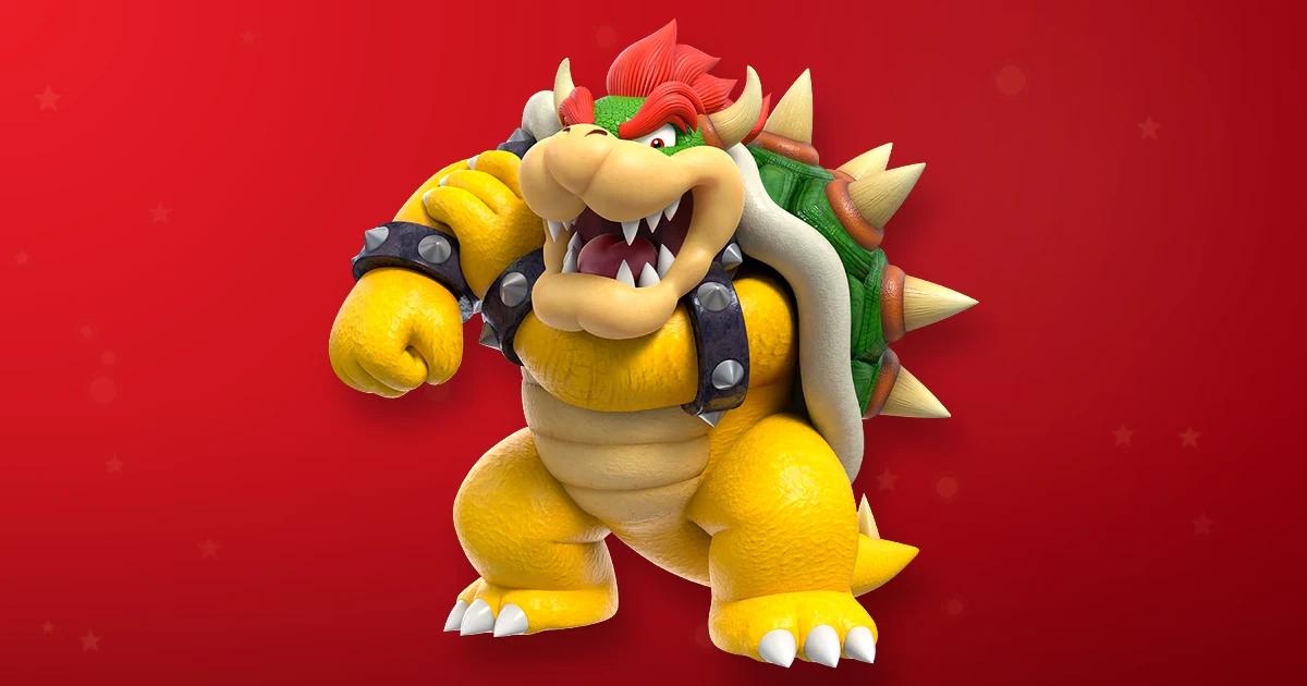 Bowser, rey de los Koopas y archienemigo de Mario, ruge feroz con caparazón espinoso sobre fondo rojo Nintendo
