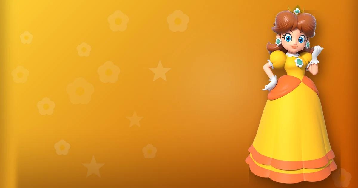 Princesa Daisy, personaje de Nintendo, posa en vestido amarillo con detalles naranjas y corona dorada sobre fondo cálido
