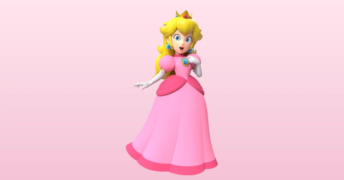 Princesa Peach, soberana del Reino Champiñón, posa con su icónico vestido rosa y corona dorada en render oficial Nintendo.