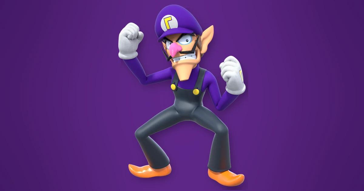 Waluigi, villano rival de Luigi en Mario Bros, en pose desafiante con gorra morada, mono negro y sonrisa burlona